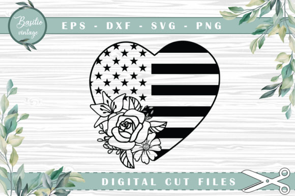 America Flag Heart Floral Cutting Files for Graphics and Crafts