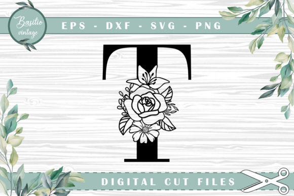 Floral Letter T Alphabet Cutting Files for Graphics and Crafts