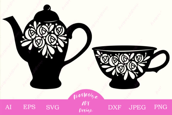 Floral Teapot Cup with Rose Graphics for Crafts & Blogs